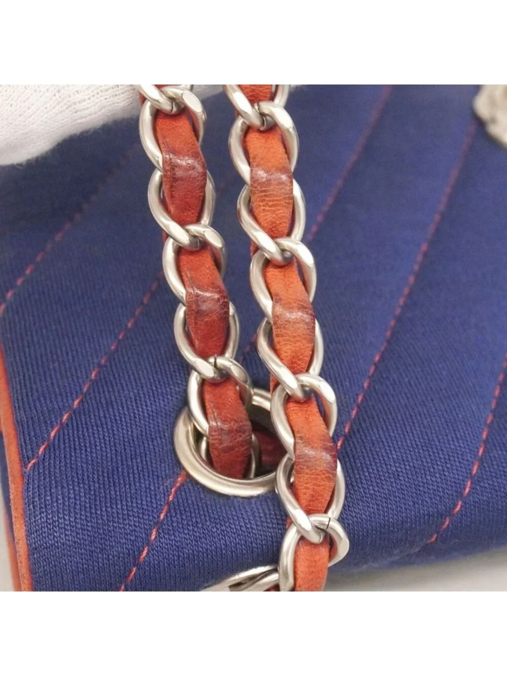 Chanel Shoulder Bag Stitch Canvas Navy Red Silver